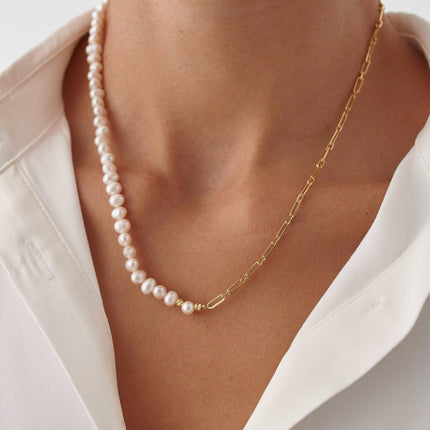 18k Gold Asymmetric Freshwater Pearl Chain Necklace