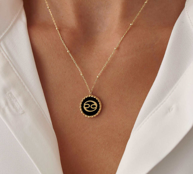 Delicate Natural Onyx Letter & Zodiac Personalized Necklace