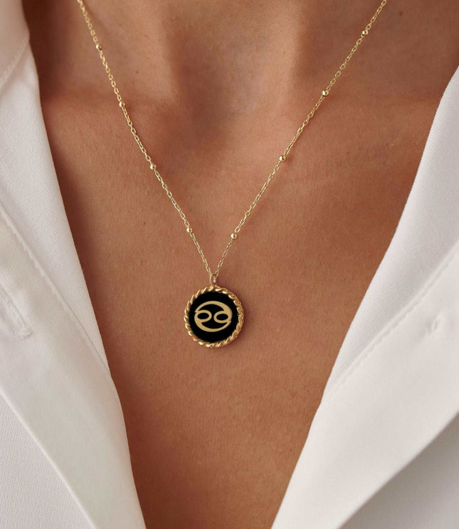 Delicate Natural Onyx Letter & Zodiac Personalized Necklace