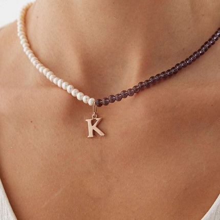 Garnet & Fresh Water Pearl Necklace with Letter and Birthstone