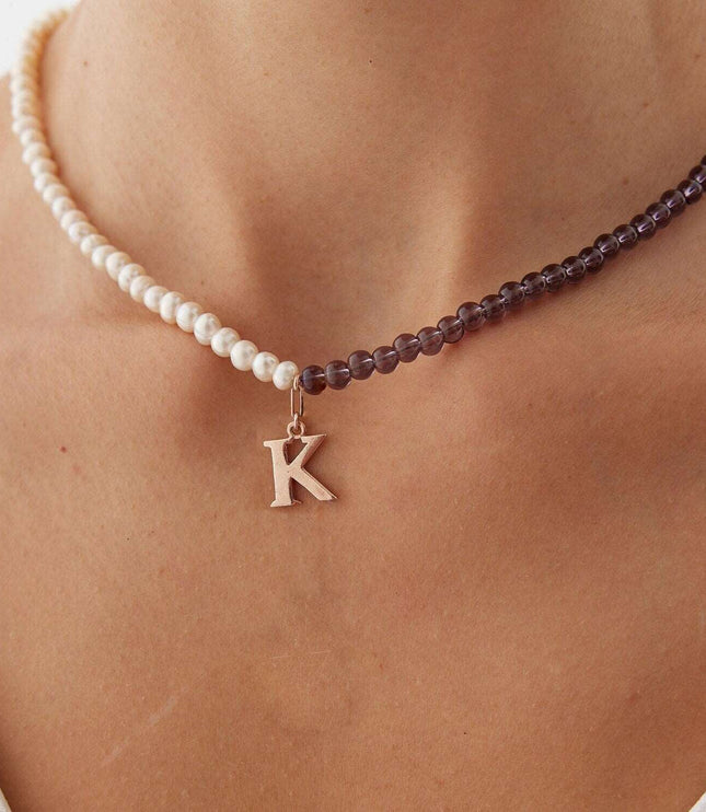 Garnet & Fresh Water Pearl Necklace with Letter and Birthstone