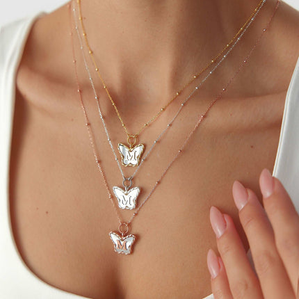 Dainty Butterfly Mother of Pearl Letter Initial Necklace