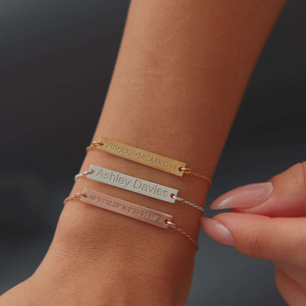 Personalized Bar Bracelet, Roman Numeral Engraved Bracelet, Coordinate Design Unique Jewelry, Customizable Birthday and Christmas Gift