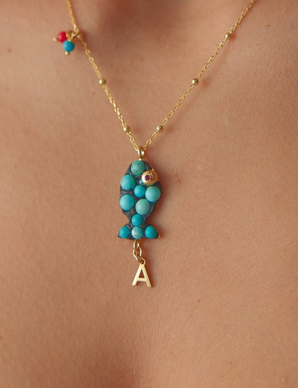 Handmade Turquoise Stone Fish Figure Letter Necklace Dabas Minimalist