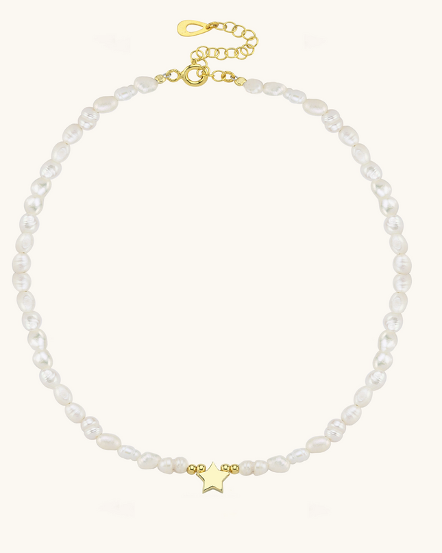 Gold Star and Freshwater Pearl Necklace – 925K Sterling Silver Elegance Dabas Minimalist