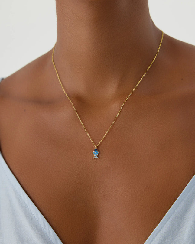 Fish Necklace with Colorful CZ Stones, 18K Gold-Plated Sterling Silver Dabas Minimalist