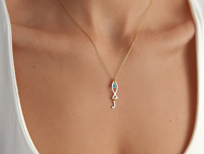 Fish and Initial Charm Necklace - 18K Gold-Plated Sterling Silver Dabas Minimalist