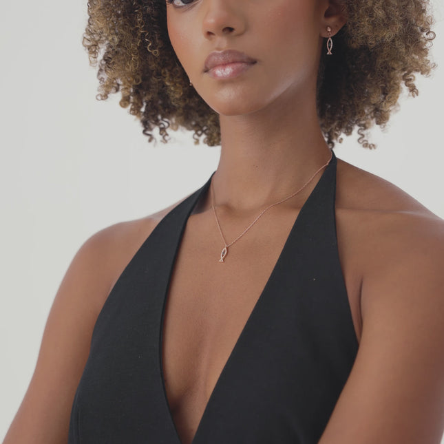 Fish Shaped Necklace with Black CZ Stones, 18K Gold-Plated Sterling Silver