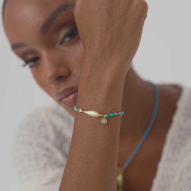 Turquoise Beaded Fish Charm Bracelet – 18K Gold-Plated Sterling Silver