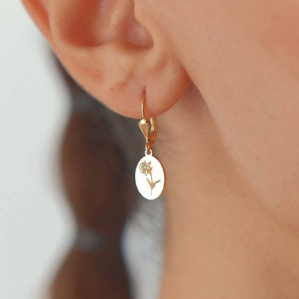 Birth Flower Drop Earrings – 18K Gold-Plated Sterling Silver Floral Engraved Earrings - Dabas Minimalist