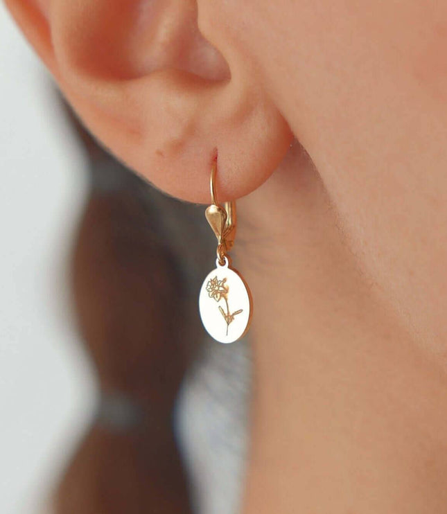 Birth Flower Drop Earrings – 18K Gold-Plated Sterling Silver Floral Engraved Earrings - Dabas Minimalist