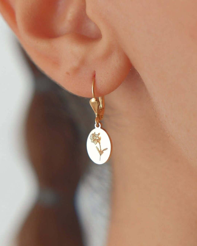 Birth Flower Drop Earrings – 18K Gold-Plated Sterling Silver Floral Engraved Earrings - Dabas Minimalist