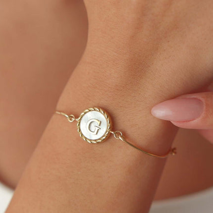 Pearl Letter Bracelet, Custom Mother of Pearl 18K Gold-Plated Sterling Silver Bracelet - Dabas Minimalist