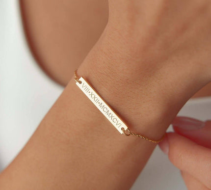 Custom Date Bracelet – 18K Gold-Plated Sterling Silver Engraved Bar Bracelet - Dabas Minimalist