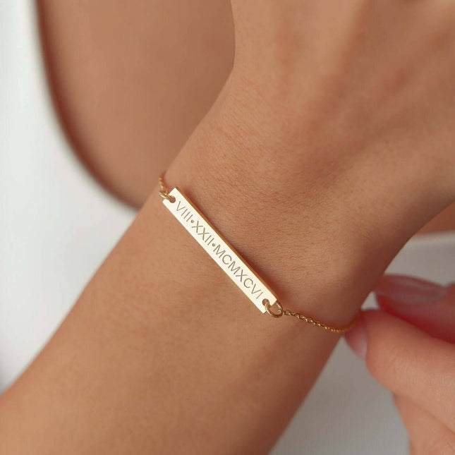 Custom Date Bracelet – 18K Gold-Plated Sterling Silver Engraved Bar Bracelet - Dabas Minimalist