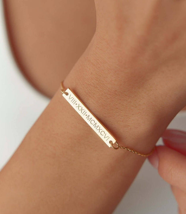 Custom Date Bracelet – 18K Gold-Plated Sterling Silver Engraved Bar Bracelet - Dabas Minimalist