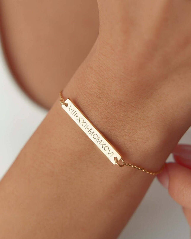 Custom Date Bracelet – 18K Gold-Plated Sterling Silver Engraved Bar Bracelet - Dabas Minimalist