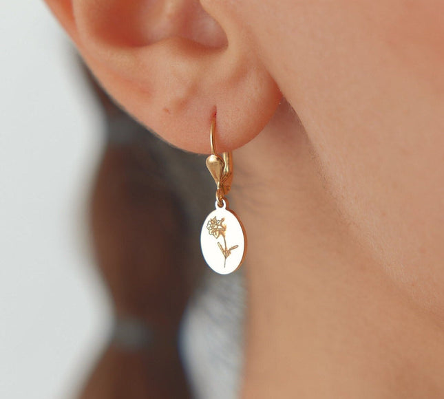 Tiny Vertical Oval Birth Flower Dangle Earrings Dabas Minimalist