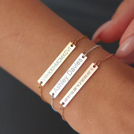 Skinny Gold Bar Bracelet • Coordinates Engraved Bracelet Dabas Minimalist